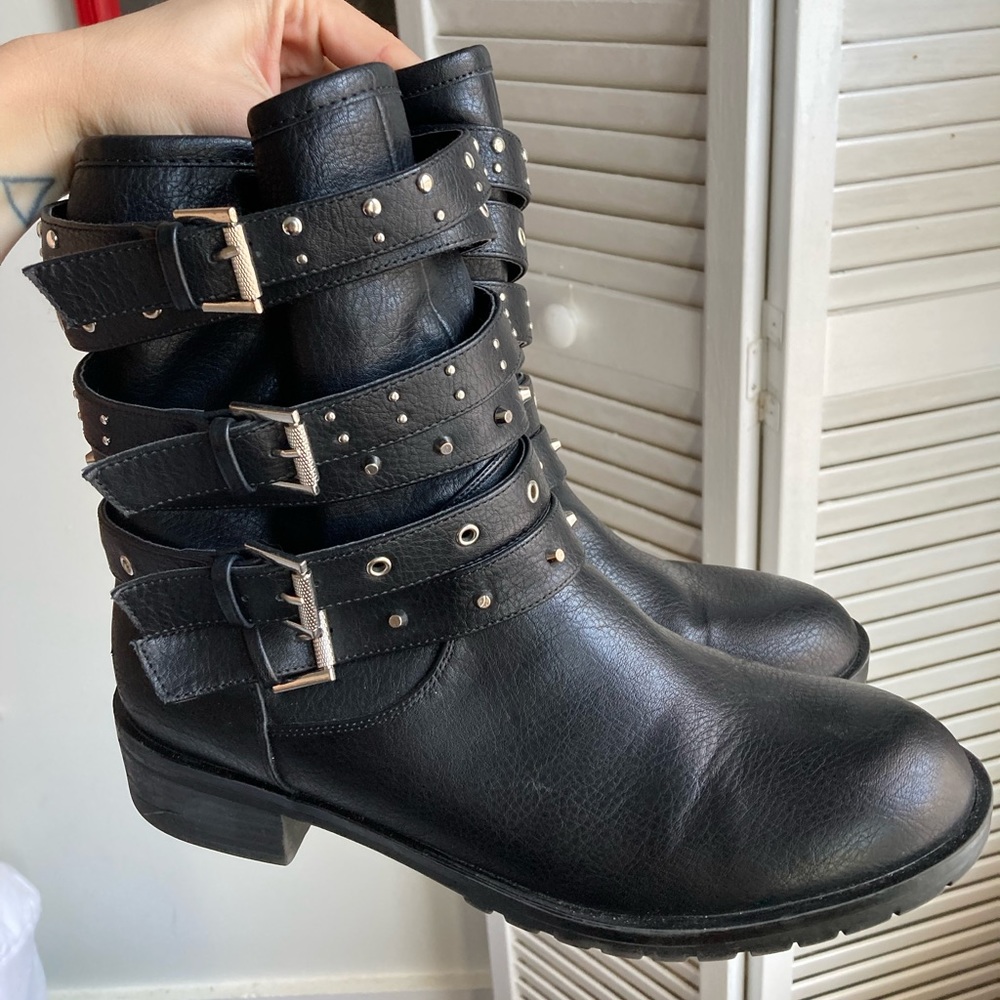 Faux black leather studded boots